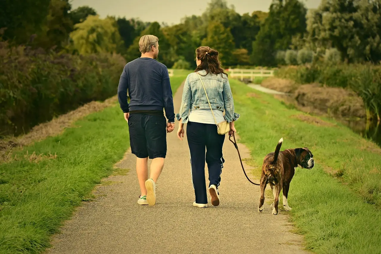 To personer på tur med en hund i naturen